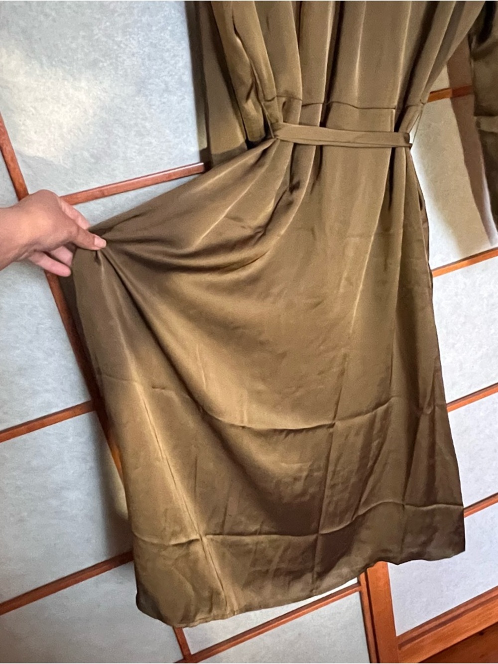 NWOT Amour Vert Olive Satin Button Down Dress Large - Picture 7 of 7